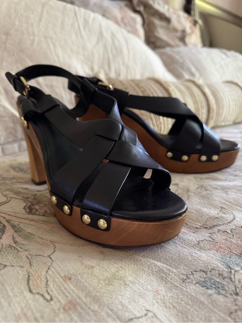 Coach Black Leather Platform Sandals with Wood-Tone Heel and Gold Studs